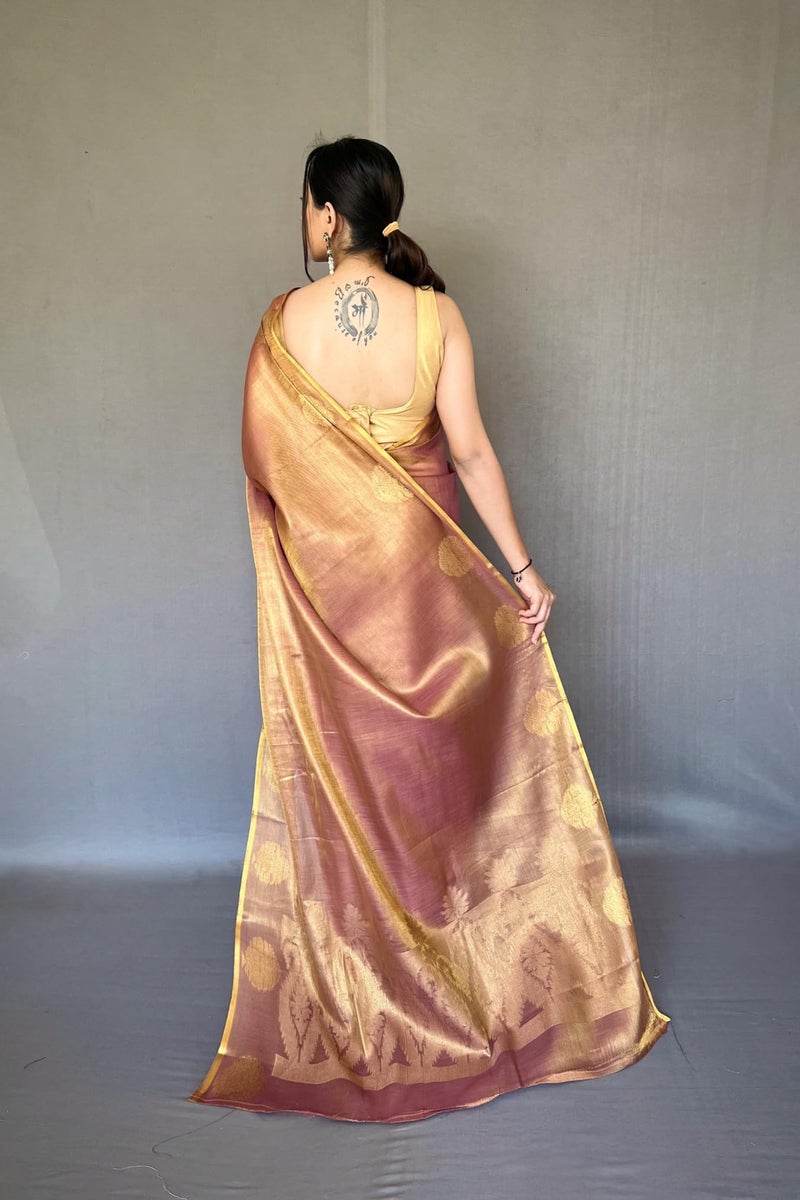 SGF11- Women's Kanjivaram Pure Tissue Silk Saree Golden Zari With Blouse Piece (Brown) - Image 4