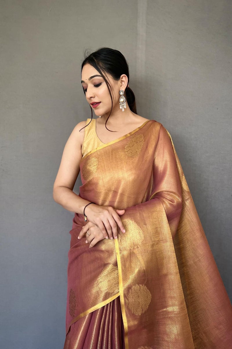 SGF11- Women's Kanjivaram Pure Tissue Silk Saree Golden Zari With Blouse Piece (Brown) - Image 3