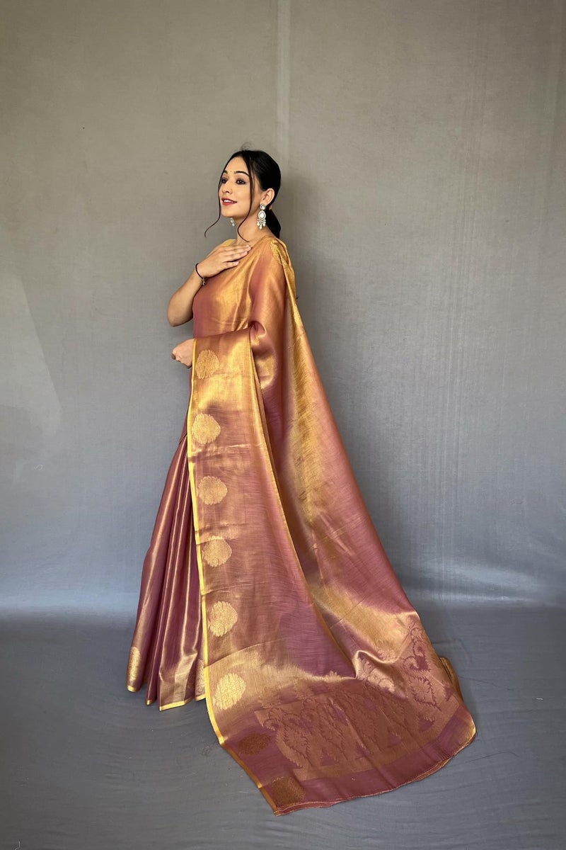 SGF11- Women's Kanjivaram Pure Tissue Silk Saree Golden Zari With Blouse Piece (Brown) - Image 5