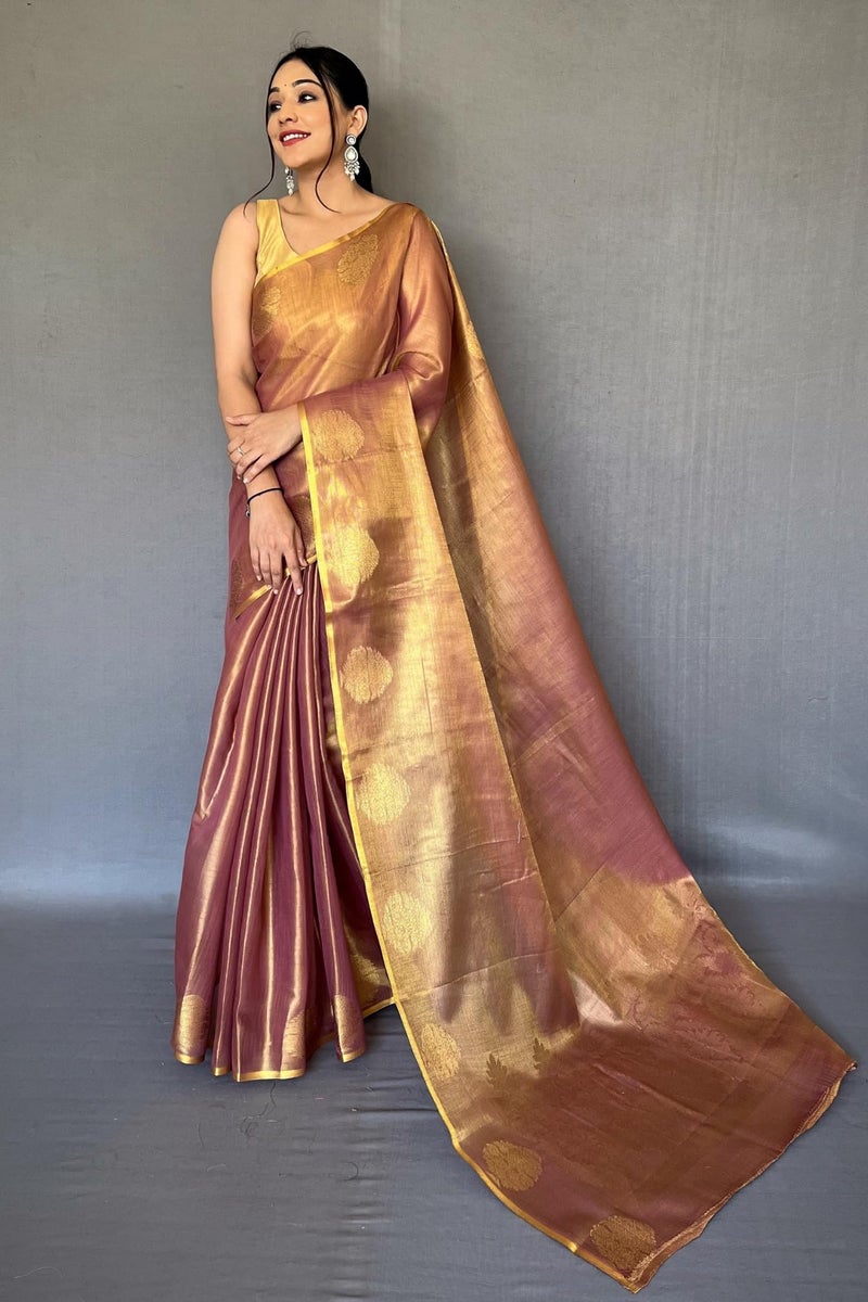 SGF11- Women's Kanjivaram Pure Tissue Silk Saree Golden Zari With Blouse Piece (Brown) - Image 2