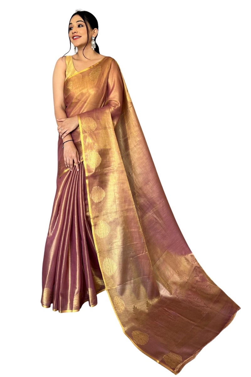SGF11- Women's Kanjivaram Pure Tissue Silk Saree Golden Zari With Blouse Piece (Brown) - Image 1