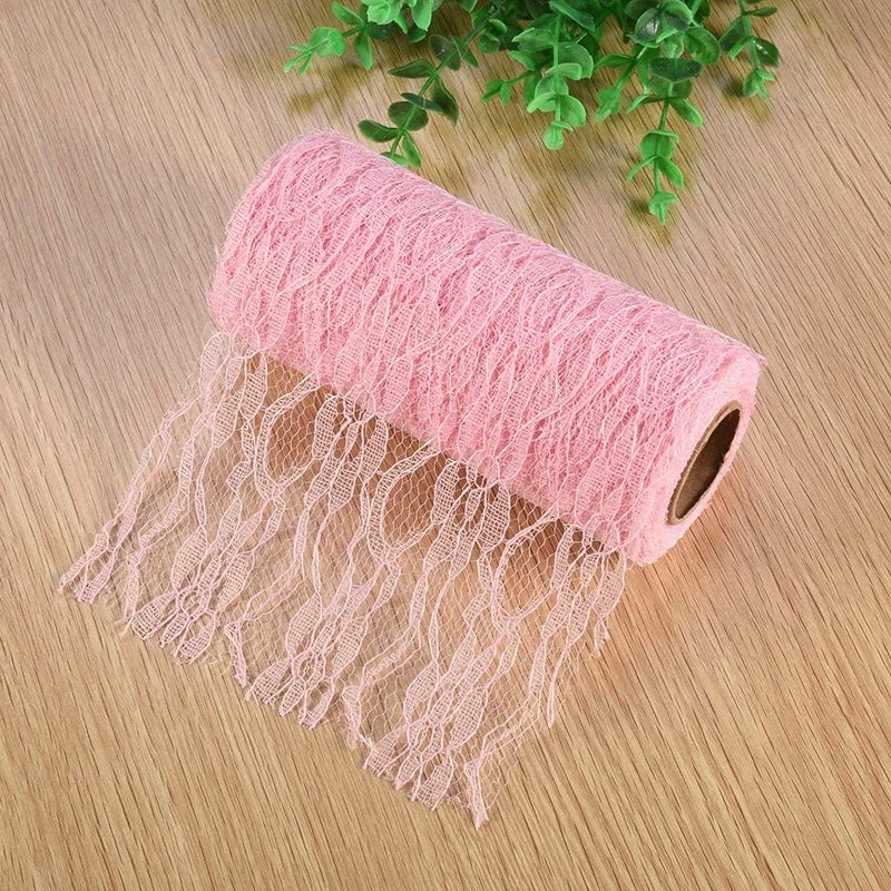 WALFRONT 10 Yard Long Floral Lace Roll, Vintage Ribbon Netting for Wedding Chair Sash Table Runner Bridal Shower Decorations Soft Lace Fabric Rolls DIY Craft (Pink) - Image 3