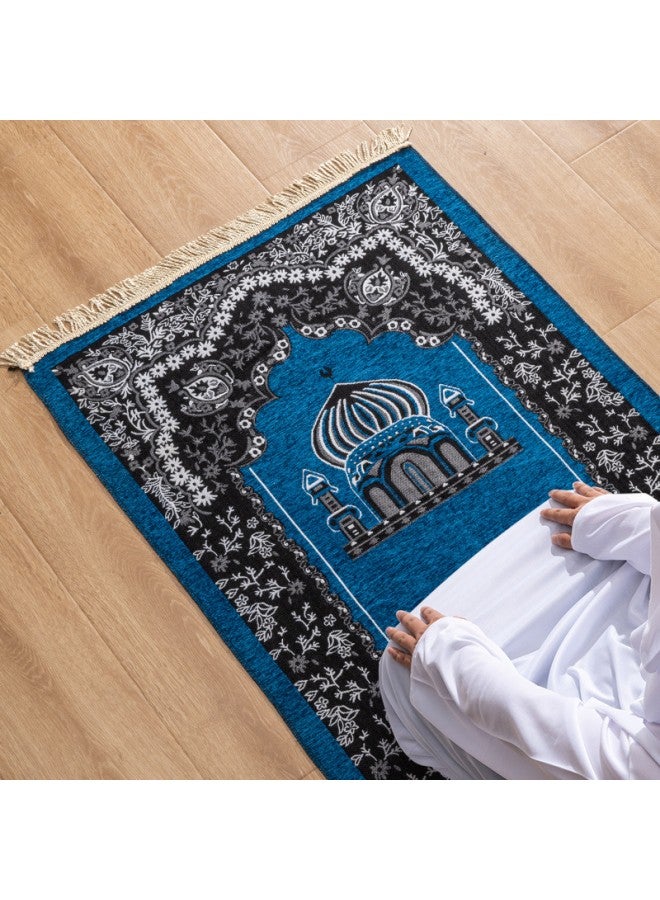WAOKN Islamic Prayer Rug Muslim Mat Prayer Rug - Soft Luxurious Qibla Rug, Eid Kneeling Prayer Mat, Travel Ramadhan Prayer Floor Mat, Islamic Qibla Mat for Kids Men Women (Blue)  - Image 2