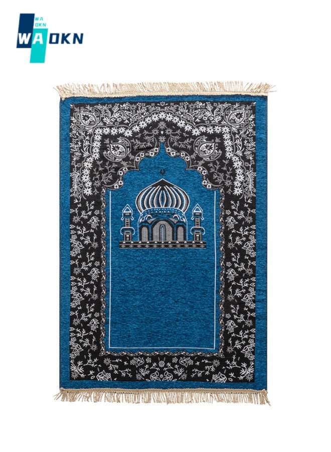 WAOKN Islamic Prayer Rug Muslim Mat Prayer Rug - Soft Luxurious Qibla Rug, Eid Kneeling Prayer Mat, Travel Ramadhan Prayer Floor Mat, Islamic Qibla Mat for Kids Men Women (Blue)  - Image 1