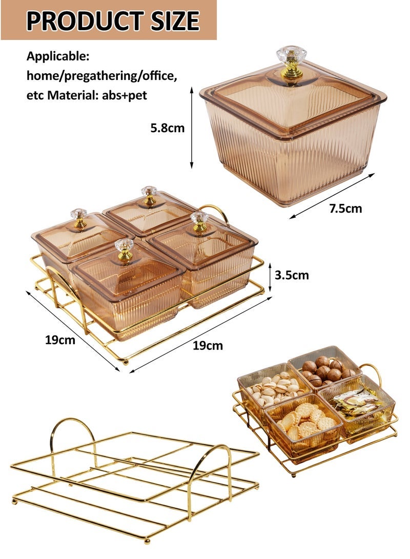 WinHolder Snack Serving Tray with Lid, Divided Serving Dishes 4 Clear Candy Nut Serving Container Set with Metal Rack, Plastic Food Display Bowls Dried Fruit Storage Organizer Plate for Candy Fruit Dips Dessert - Image 3