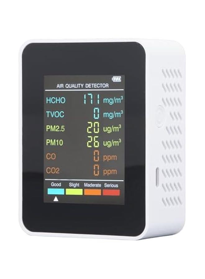 Portable Air Quality Monitor with LCD Backlight Display for CO2, TVOC, HCHO, PM2.5, PM10 Indoor Detection and Alarm System (White) - Image 2