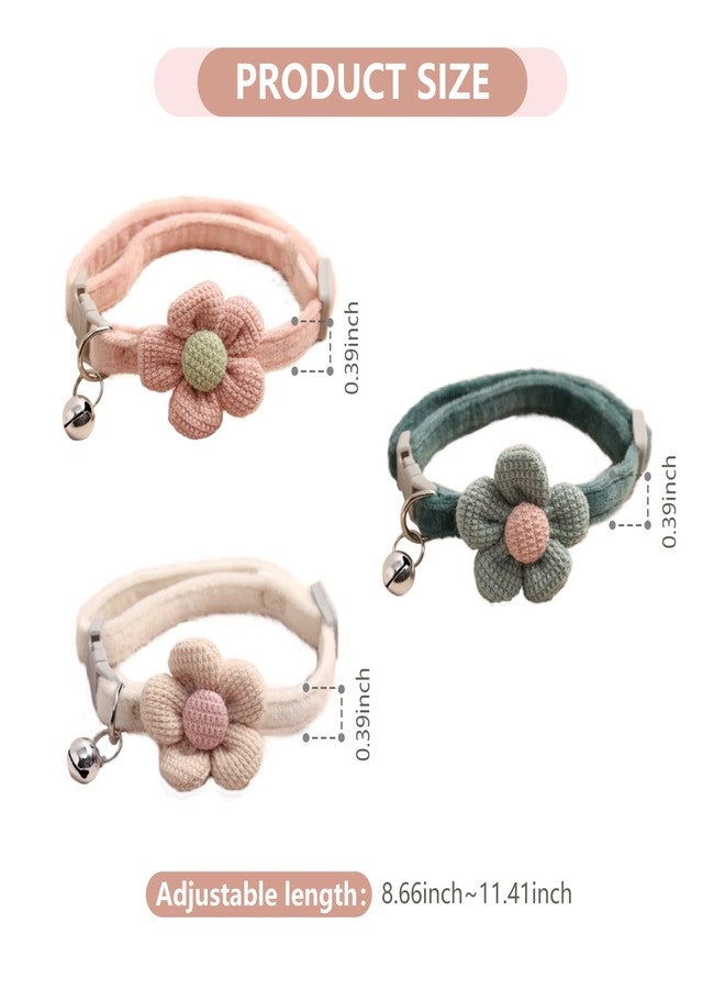 ATCEME 3 PCS Kitten Collar with Bell Cat Collar with Flower Charms Adjustable Suede Cute Cat Collar for Puppy or Cat (Pink, White, Green) - Image 3