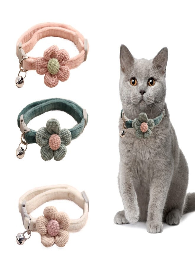 ATCEME 3 PCS Kitten Collar with Bell Cat Collar with Flower Charms Adjustable Suede Cute Cat Collar for Puppy or Cat (Pink, White, Green) - Image 1
