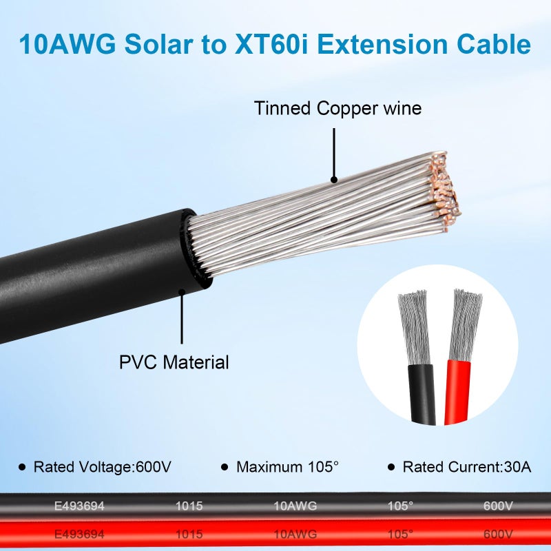 Kimbluth 10AWG 10FT Solar to XT60i Extension Cable 3 6 10 35 50 75 100FT Heavy Duty Adapter Cable Connector XT60i Wire for Portable Power Station, Solar Panel, RV, Battery, Renewable energy Applications - Image 3