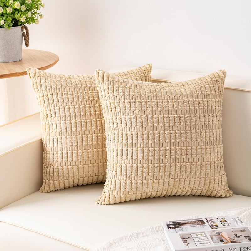 Aegero Pack of 2 Corduroy Decorative Throw Pillow Covers 26x26 InchSoft Striped Pillow Covers Modern Farmhouse Home Decor for Sofa Living Room Couch Bed（Beige） - Image 1