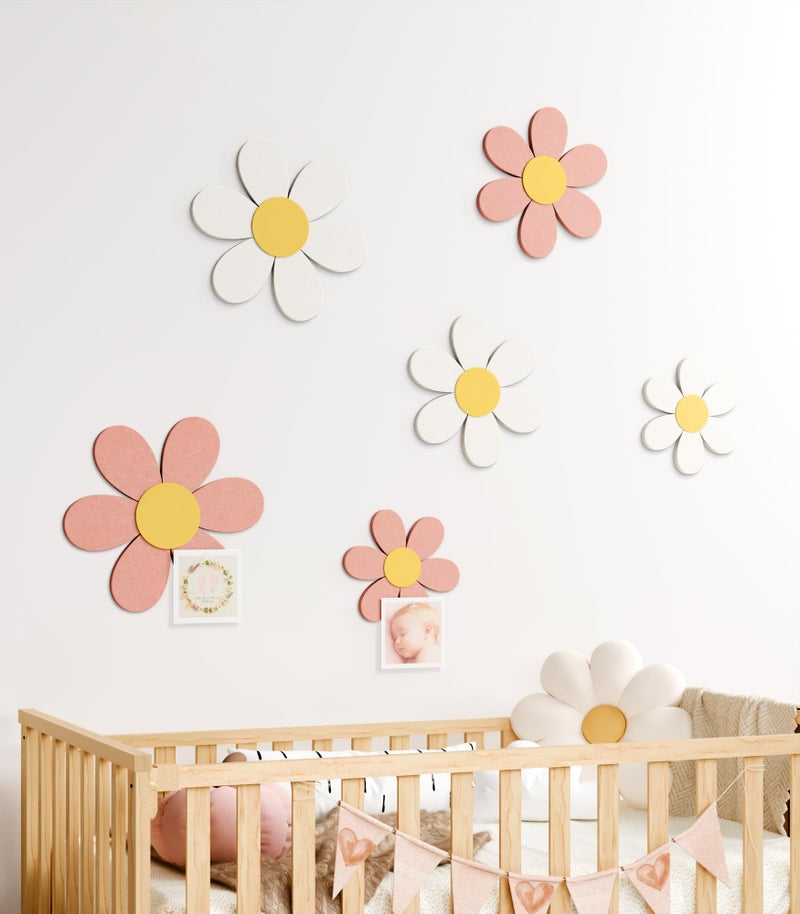 Fluxynara 6 PCS Daisy Felt Flower Wall Decor, Daisy Bulletin Board for Nursery & Girl Room, 3-Size Acoustic Felt Wall Art for Bedroom, Babyâ€™s Room, Kidsâ€™ Spaces, Pink/White - Image 4
