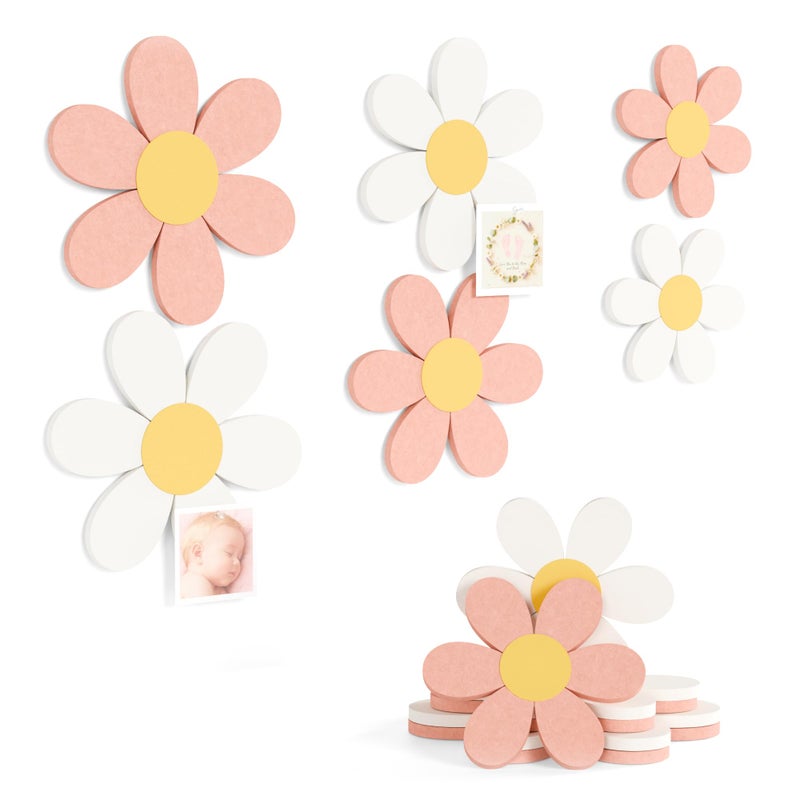 Fluxynara 6 PCS Daisy Felt Flower Wall Decor, Daisy Bulletin Board for Nursery & Girl Room, 3-Size Acoustic Felt Wall Art for Bedroom, Babyâ€™s Room, Kidsâ€™ Spaces, Pink/White - Image 1