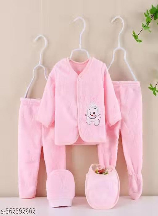 SHAPERX Newborn Baby Warm Winter Fleece Set - 5 Piece Cozy Outfit for Boys & Girls (0-4 Months) (BABY PINK, 0-4 MONTHS) - Image 3