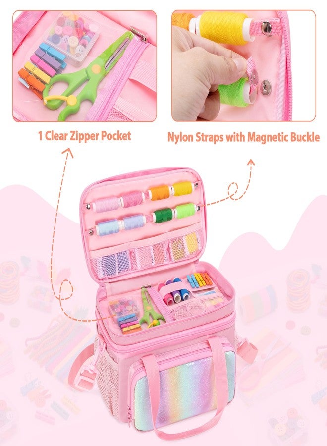 GRAOSO Double Layer Sewing Organizer for Crafts Sewing Supplies, Crafts Accessories Bag, Portable Sewing Box with Handle and Detachable Shoulder Strap, Rainbow Sequins Design, Pink (Case Only) - Image 2