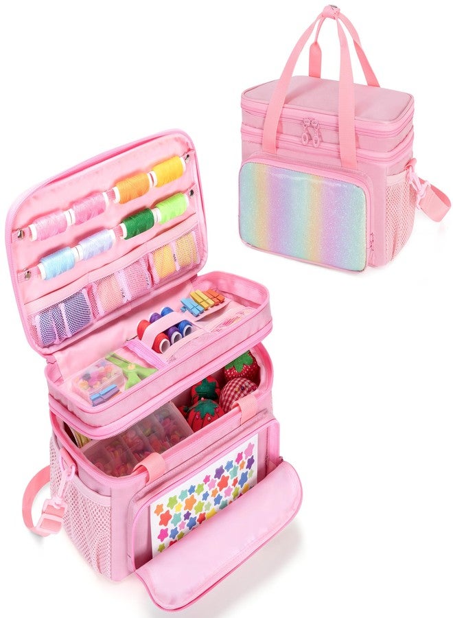 GRAOSO Double Layer Sewing Organizer for Crafts Sewing Supplies, Crafts Accessories Bag, Portable Sewing Box with Handle and Detachable Shoulder Strap, Rainbow Sequins Design, Pink (Case Only) - Image 1