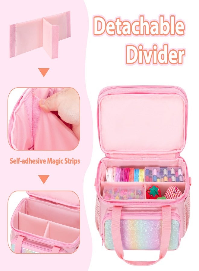 GRAOSO Double Layer Sewing Organizer for Crafts Sewing Supplies, Crafts Accessories Bag, Portable Sewing Box with Handle and Detachable Shoulder Strap, Rainbow Sequins Design, Pink (Case Only) - Image 3