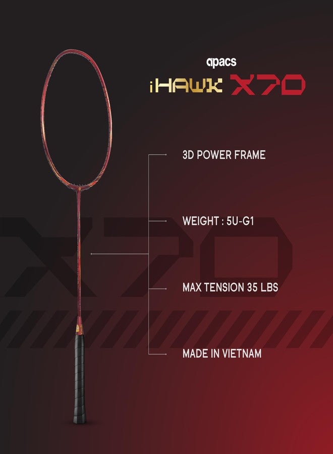 أباك مضرب تنس الريشة Apacs iHawk X70 (بدون أوتار) مصنوع بالكامل من الجرافيت وألياف الكربون فائقة القوة (75-79 غرام) | أقصى شد 35 رطلاً | إطار ثلاثي الأبعاد | صنع في فيتنام، مضرب تنس ريشة بغطاء كامل (لون عنابي) (متعدد الاستخدامات) - Image 3