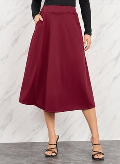 Solid Elastic Waistband A-Line Midi Skirt with Pocket Detail