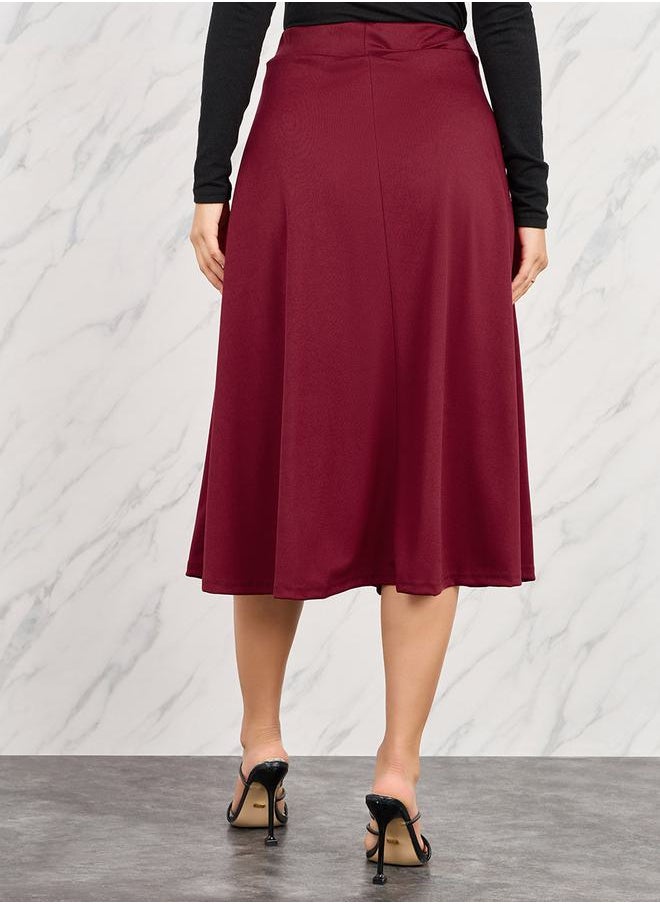 Styli - Solid Elastic Waistband A-Line Midi Skirt with Pocket Detail - Image 1