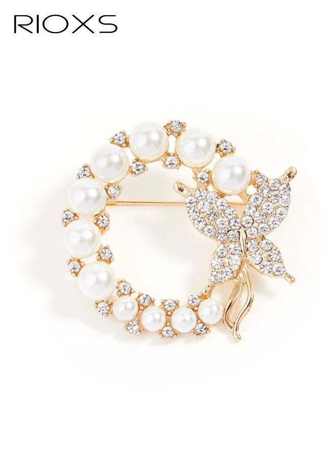 RIOXS Butterfly Pearl Brooch Pin, Wreath Butterfly Brooch, Safety Pin Wedding Bridal Brooches for Women, Crystal Rhinestones Brooch Collar Lapel Pin Badge for Dress Shirts Coat - Gold Silver - Image 2