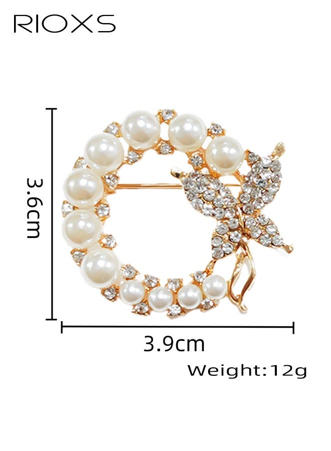 RIOXS Butterfly Pearl Brooch Pin, Wreath Butterfly Brooch, Safety Pin Wedding Bridal Brooches for Women, Crystal Rhinestones Brooch Collar Lapel Pin Badge for Dress Shirts Coat - Gold Silver - Image 4
