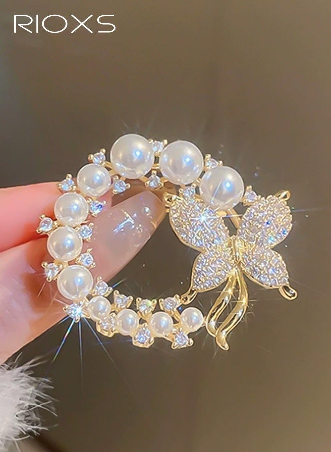 RIOXS Butterfly Pearl Brooch Pin, Wreath Butterfly Brooch, Safety Pin Wedding Bridal Brooches for Women, Crystal Rhinestones Brooch Collar Lapel Pin Badge for Dress Shirts Coat - Gold Silver - Image 1