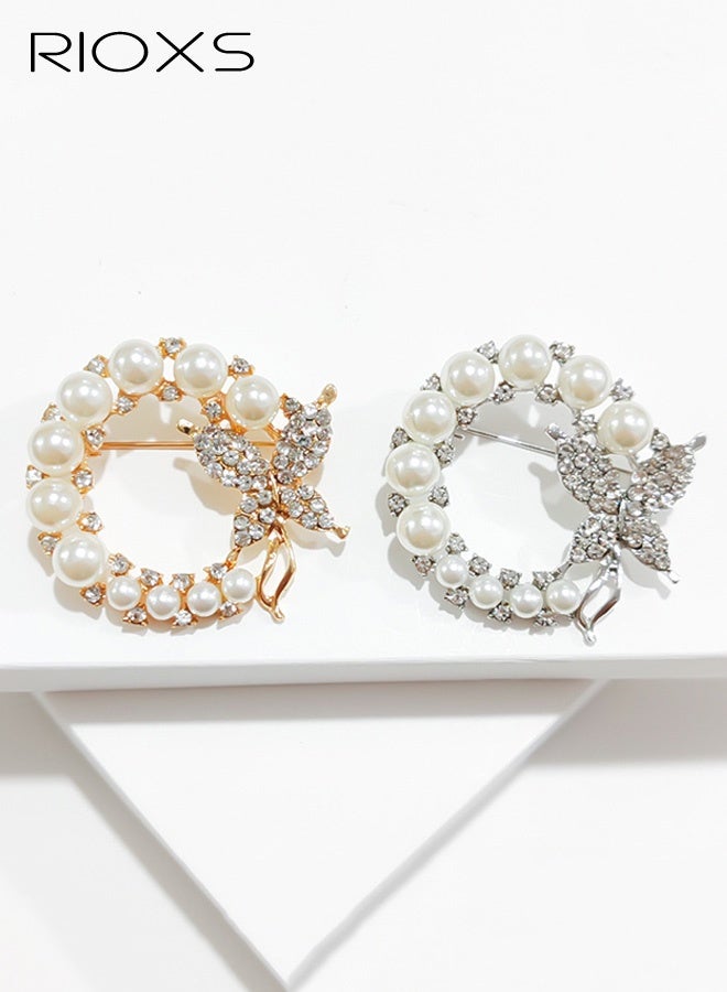 RIOXS Butterfly Pearl Brooch Pin, Wreath Butterfly Brooch, Safety Pin Wedding Bridal Brooches for Women, Crystal Rhinestones Brooch Collar Lapel Pin Badge for Dress Shirts Coat - Gold Silver - Image 5