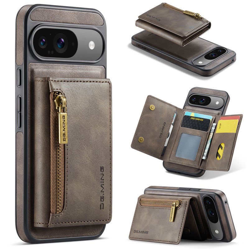 HuHa Case Cover For Google Pixel 9 / 9 Pro DG.MING M5 Series Zip RFID Multi Card Detachable Leather Phone Case(Coffee) - Image 1