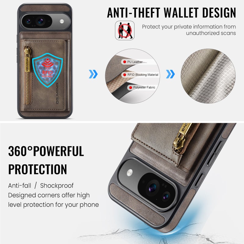 HuHa Case Cover For Google Pixel 9 / 9 Pro DG.MING M5 Series Zip RFID Multi Card Detachable Leather Phone Case(Coffee) - Image 5