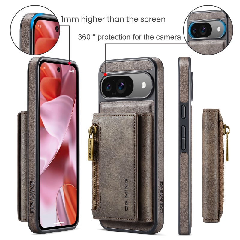 HuHa Case Cover For Google Pixel 9 / 9 Pro DG.MING M5 Series Zip RFID Multi Card Detachable Leather Phone Case(Coffee) - Image 2