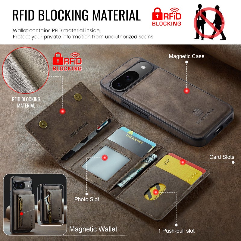 HuHa Case Cover For Google Pixel 9 / 9 Pro DG.MING M5 Series Zip RFID Multi Card Detachable Leather Phone Case(Coffee) - Image 4