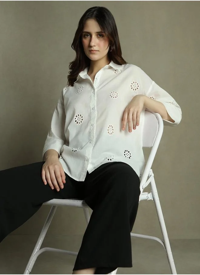 دينيس لينغو White Self-Design Shirt for Women - Relaxed Fit, Classic