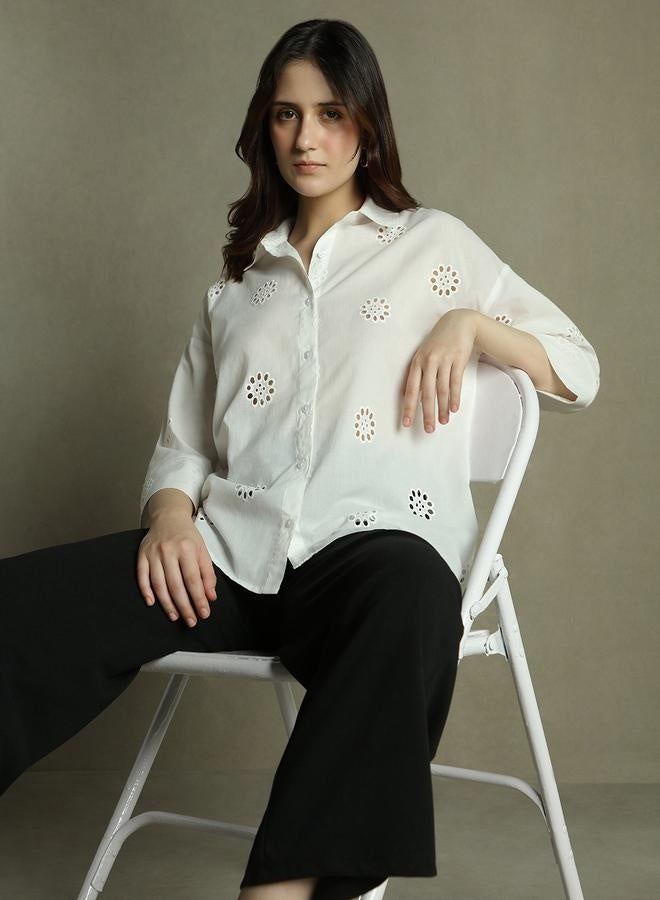Dennis Lingo White Self-Design Shirt for Women - Relaxed Fit, Classic - Image 1