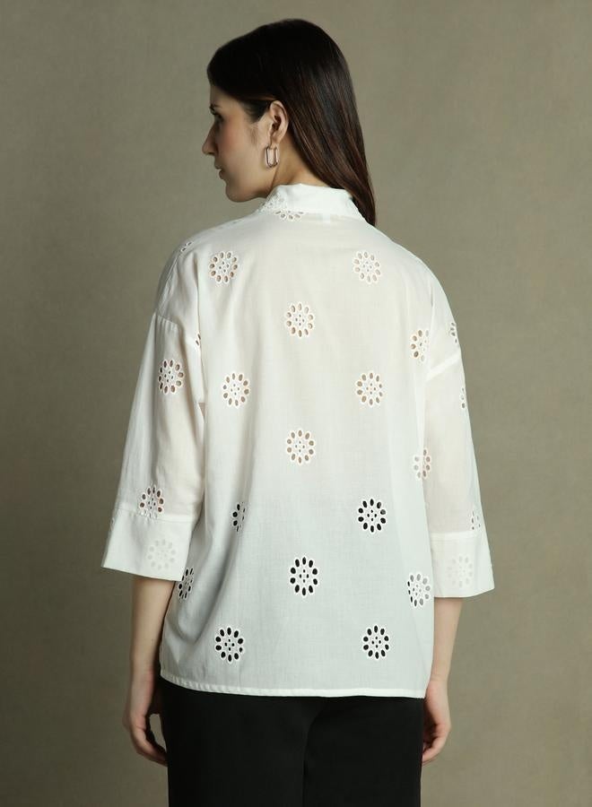 Dennis Lingo White Self-Design Shirt for Women - Relaxed Fit, Classic - Image 5