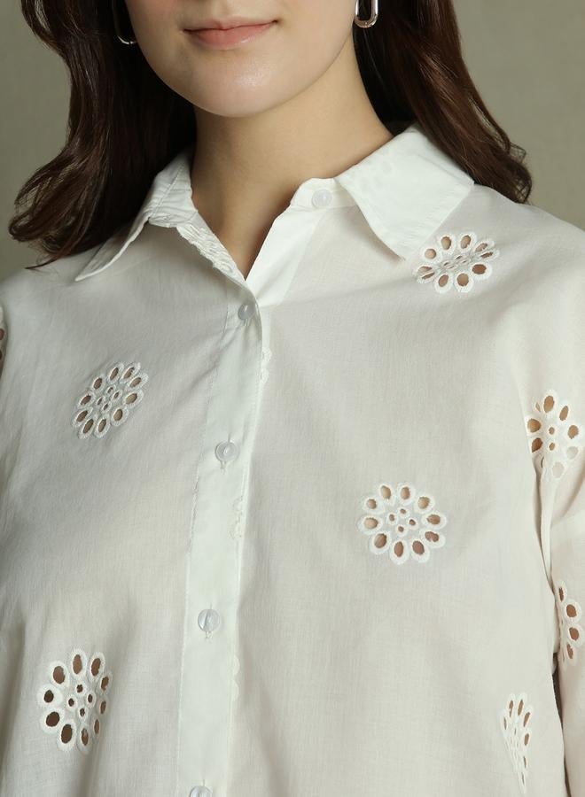 Dennis Lingo White Self-Design Shirt for Women - Relaxed Fit, Classic - Image 3