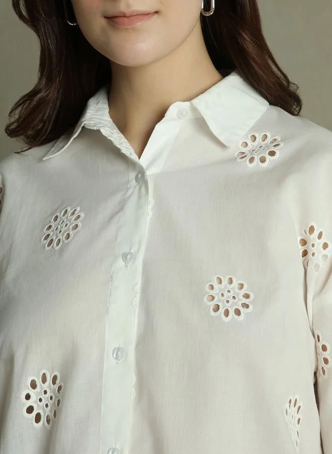Dennis Lingo White Self-Design Shirt for Women - Relaxed Fit, Classic