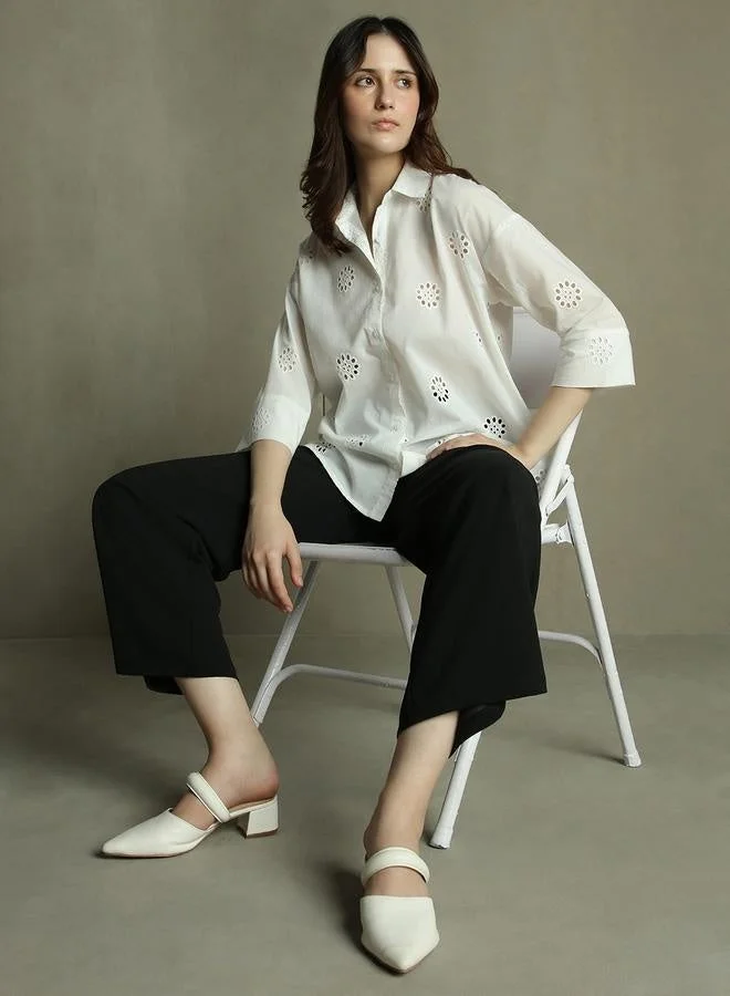Dennis Lingo White Self-Design Shirt for Women - Relaxed Fit, Classic