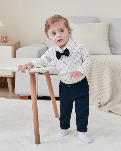 YALLET Baby Boy Clothes Suit 0-24 Months Infant Gentleman Outfits Formal Dress Shirt+Bowtie+Vest+Pants Set Baby Wedding Suits Navy Blue - Image 2