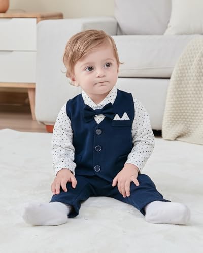 YALLET Baby Boy Clothes Suit 0-24 Months Infant Gentleman Outfits Formal Dress Shirt+Bowtie+Vest+Pants Set Baby Wedding Suits Navy Blue - Image 3