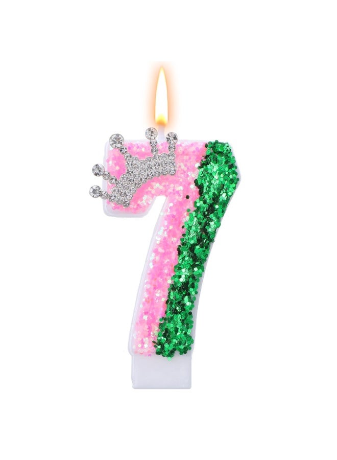 Birthday number candles, pink crown birthday cake candles, glittery sequined number candle cake decorations, suitable for girls, women, anniversary celebrations (number7). - Image 1