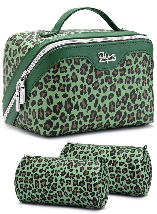 BOYATU Travel Makeup Bags Cosmetic Organizer Bag: 3-Set Large Capacity Make up Bag - PU Leather Toiletry Bags for Women - Wide Open Portable Pouch with Divider & Handle, 09-Green - Image 1