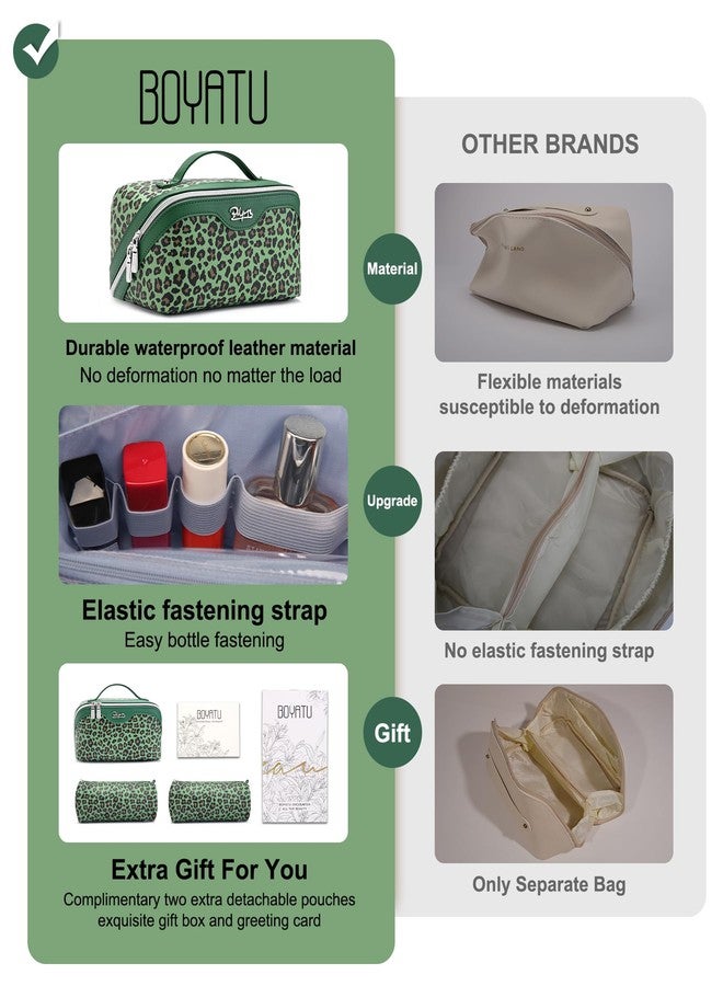 BOYATU Travel Makeup Bags Cosmetic Organizer Bag: 3-Set Large Capacity Make up Bag - PU Leather Toiletry Bags for Women - Wide Open Portable Pouch with Divider & Handle, 09-Green - Image 2