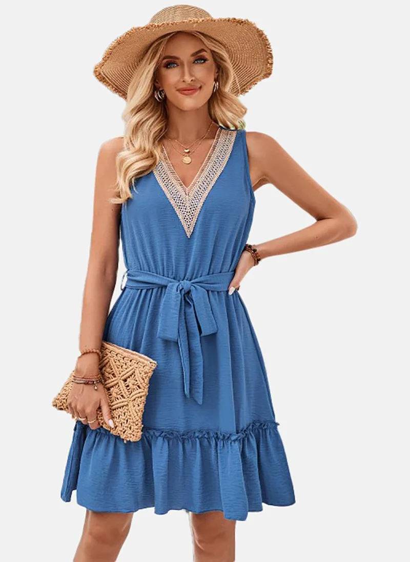 YUNIQEE Blue Flared Solid V Neck Sleeveless Dress