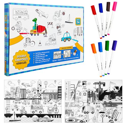 VGRASSP Vehicle Themed Doodle Coloring Puzzle Mat for Kids - Educational Tabletop Activity for Mealtime with Drawing Accessories - Color and Design As Per Stock - Image 1