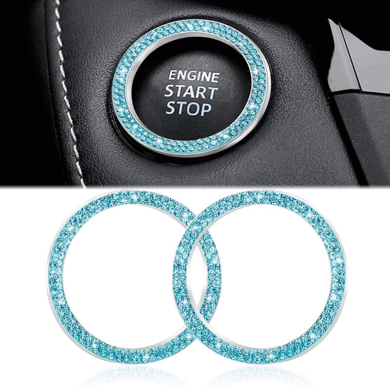 WINKA 2pcs Bling Car Engine Start Button Cover Diamond Crystal Push Start Stop Button Ring Sparkly Bling Ignition Button Cover Rhinestone Keyless Ignition Ring Universal Car Accessories Blue - Image 3