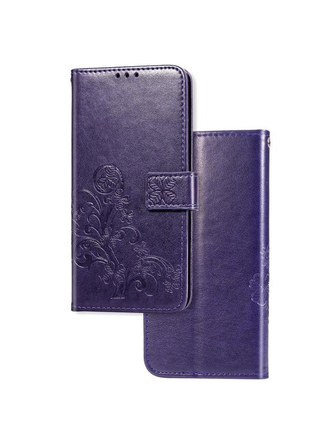 اس-توب جراب لهاتف Motorola Moto G8 Power Lite مصنوع من الجلد بنقشة زهور البرسيم المحظوظة مع حامل وفتحات للبطاقات ومحفظة وحزام يد - Image 1