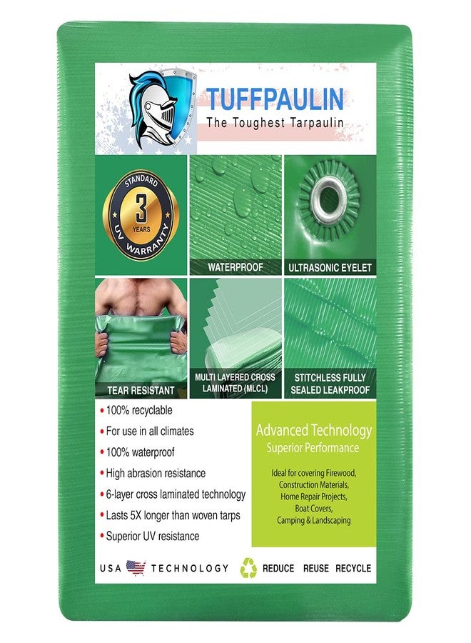 TUFFPAULIN قماش مشمع أخضر من نوع TUFFPAULIN مقاس 18 قدم × 15 قدم، وزن 120 جرامًا للمتر المربع، من نوع Tirpal Tadpatri Tharpai Thadika، قوي للغاية، مزود بحلقات معززة، مقاوم للأشعة فوق البنفسجية، مقاوم للماء بنسبة 100%، مصنوع من قماش بكر، 6 طبقات بتقنية MLCL ثلاثية الأبعاد للأضلاع - رقم 1. - Image 2
