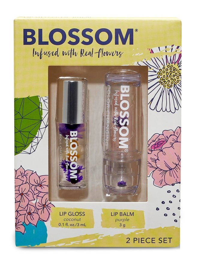 Blossom مرطب شفاه كريستالي متغير اللون مخصص برائحة الفراولة، ملمع شفاه صغير برائحة جوز الهند، ملمع شفاه برائحة الزهور الحقيقية، عبوتان، جوز الهند/أرجواني  - Image 1