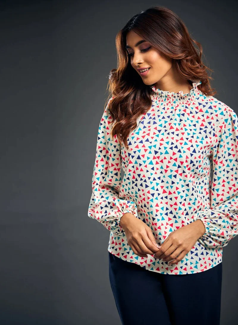Zigzag Neck Smocked Printed Long Sleeve Top