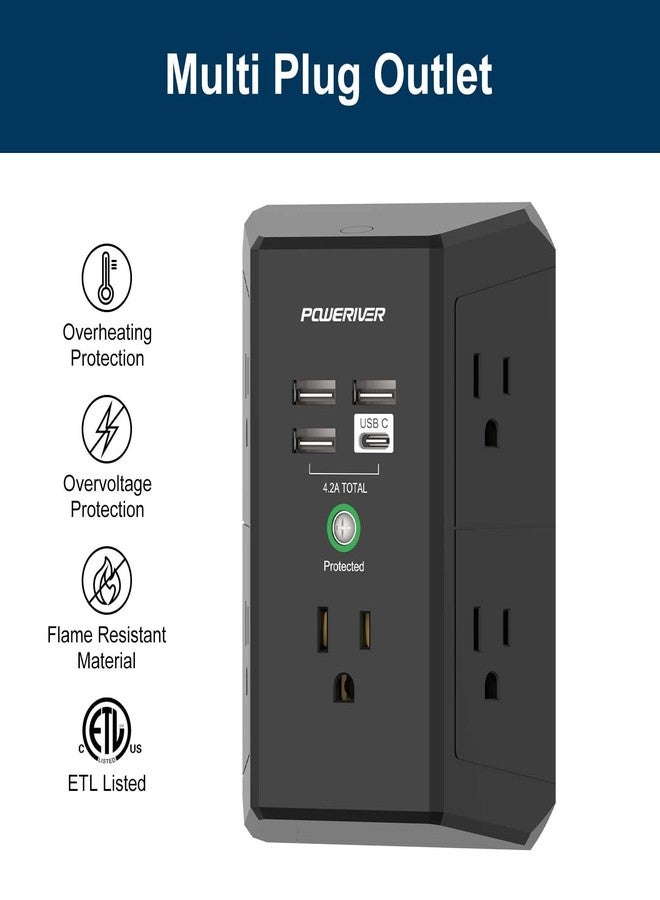 POWERIVER Multi Outlet Extender Surge Protector - POWERIVER Multi Plug Wall Outlet with 5 AC Outlets and 4 USB Ports(1USB C), 1680 Joules, Outlet Splitter for Home School Office, ETL Listed, Black - Image 3